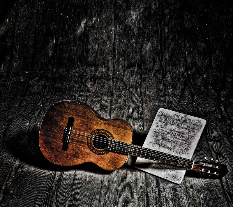 Guitar and Song, acoustic, classical, dark, guitar, music, notes, old, song, HD wallpaper
