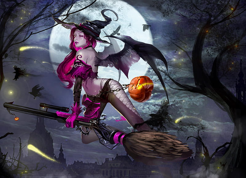 Sweet Witch, fantasy, girl digital, woman, broom, art, witch, halloween, bonito, HD wallpaper