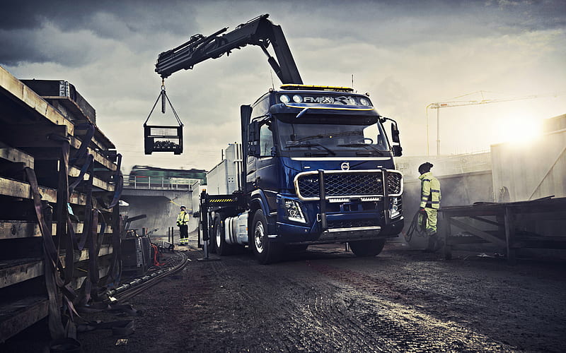 Volvo FMX, 2019, truck crane, crane arm, truck loading concepts, new blue FMX, swedish trucks, Volvo, HD wallpaper