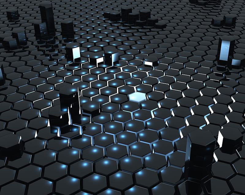 Hexagons, 3d, abstract, black, blue, cube, lights, HD wallpaper