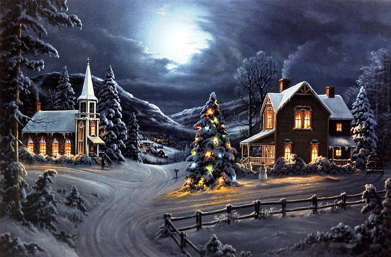 All is Bright, christmas tree, house, snow, village, church, night, winter, HD wallpaper