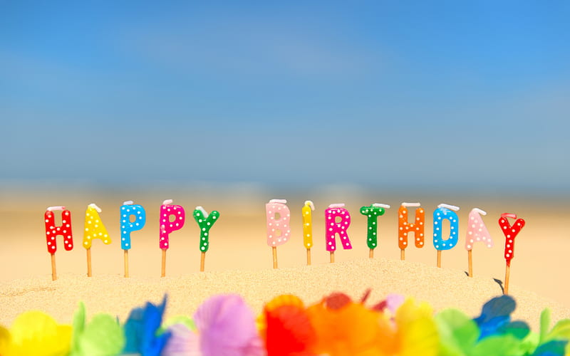 Happy birtay, candles, sand, summer, beach, candles in the sand, birtay greeting card, HD wallpaper