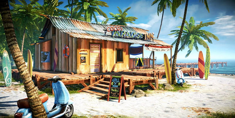Coco's Paradise Inn, beach, atwork, painting, bike, surfing, sea, palms, HD wallpaper