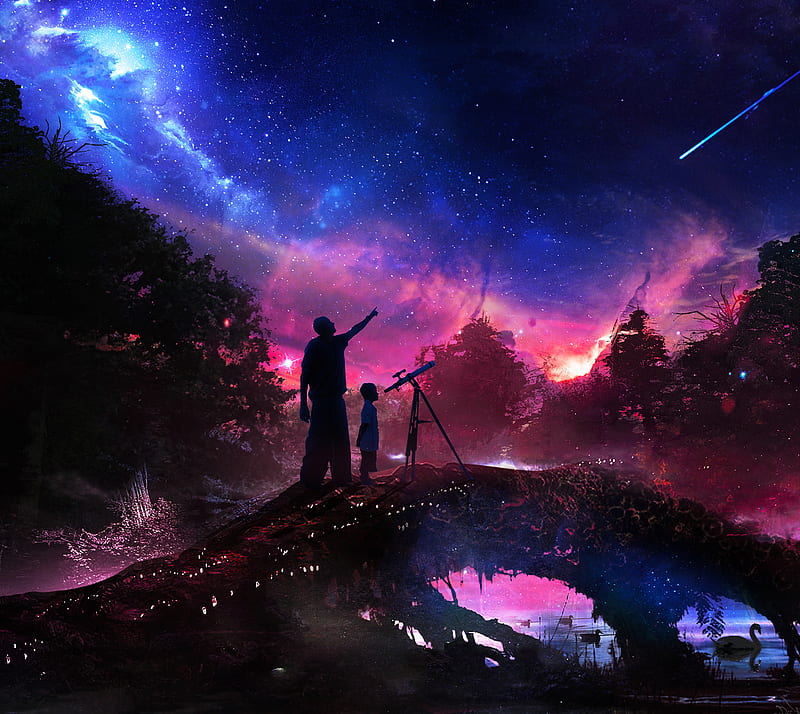 Father and Son, fantasy, shooting star, stargazin, HD wallpaper