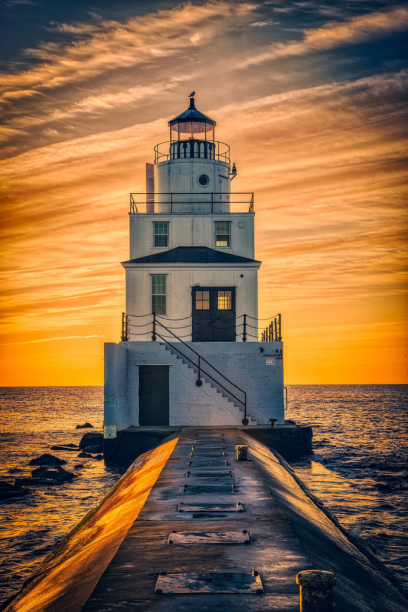 lighthouse, sea, water, building, sky, yellow, vertical, HD phone wallpaper