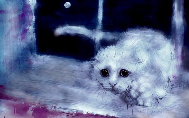 MOON CAT, art, alexander kozhukhov, window, view, the moon, cat, drawing, white, window sill, HD wallpaper