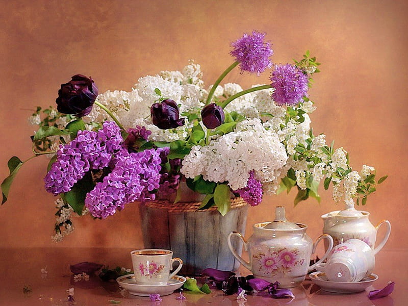 720P free download | Spring time tea, still life, flowers, lilacs, tea