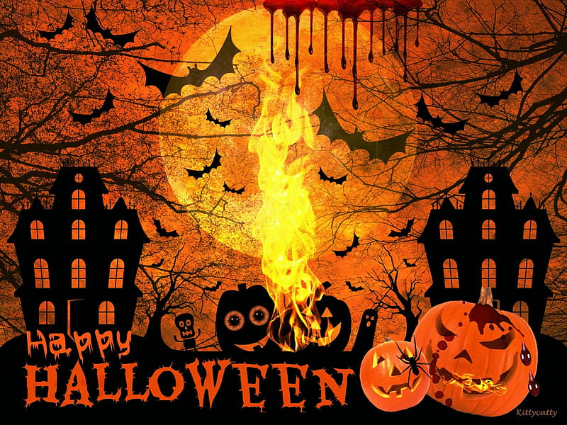 ♦♣♠ Spooky Halloween Night ♠♣♦ , bats, halloween, houses, haunted, jack-o-lantern scary, spider, blood, fire, tree, moon, spooky, smoke, halloween night, pumpkins, HD wallpaper