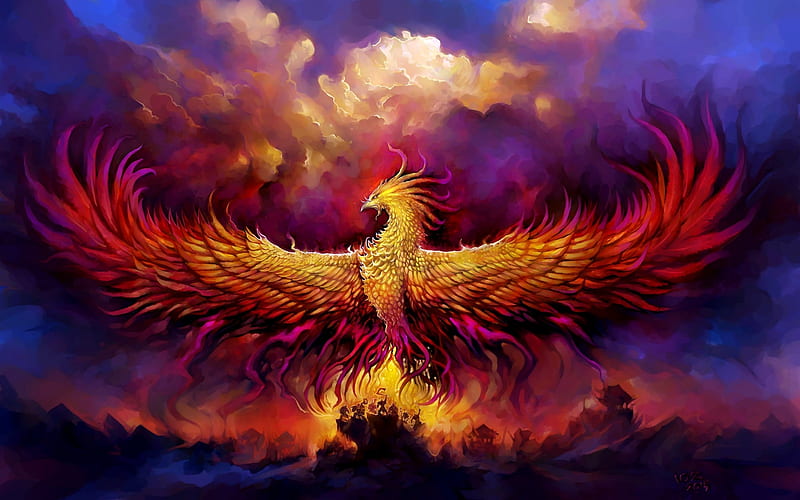 Phoenix Bird, Trees, Sky, Clouds, Phoenix, Bird, HD wallpaper