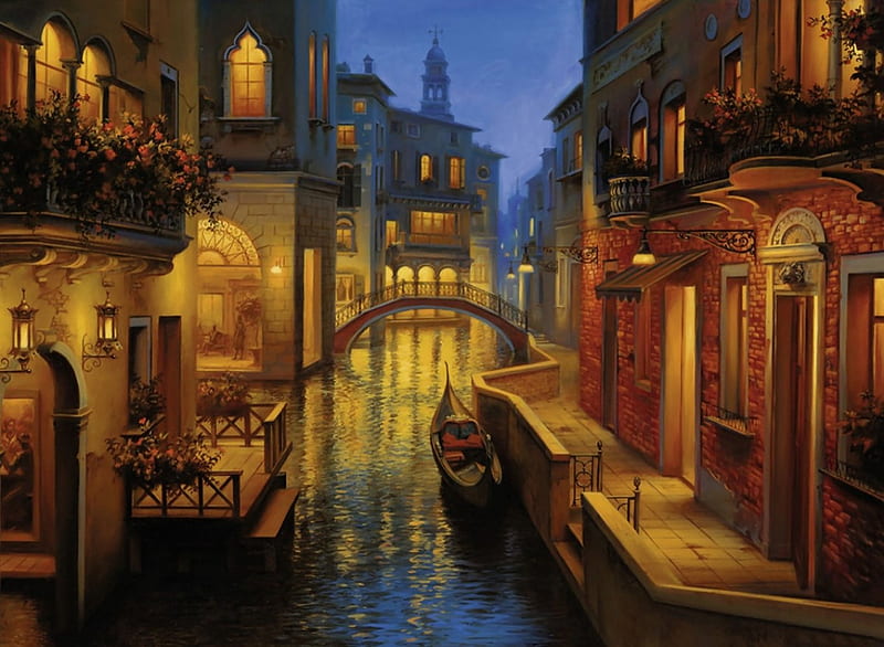 Venice Canal Bridge 1C, art, canal, Italy, illustration, artwork, Venice, water, bridge, painting, wide screen, scenery, landscape, HD wallpaper