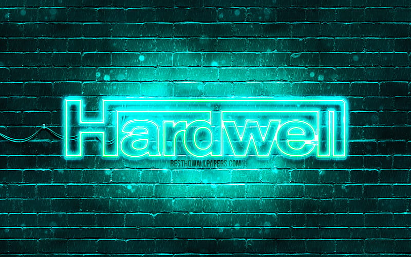 Hardwell turquoise logo superstars, dutch DJs, turquoise brickwall, Hardwell logo, Robbert van de Corput, Hardwell, music stars, Hardwell neon logo, HD wallpaper