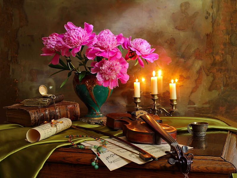 Still life, candle, pretty, violin, music, book, home, vase, bonito, peonies, flame, flowers, room, pink, HD wallpaper