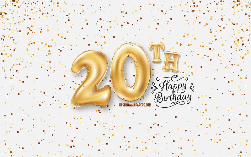 20th Happy Birtay, 3d balloons letters, Birtay background with balloons, 20 Years Birtay, Happy 20th Birtay, white background, Happy Birtay, greeting card, Happy 20 Years Birtay, HD wallpaper