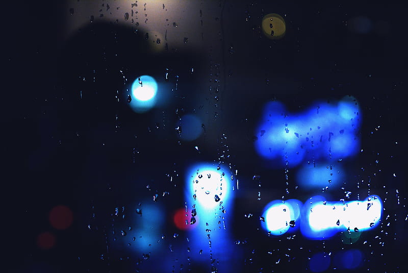 glass, drops, wet, bokeh, macro, blue, HD wallpaper