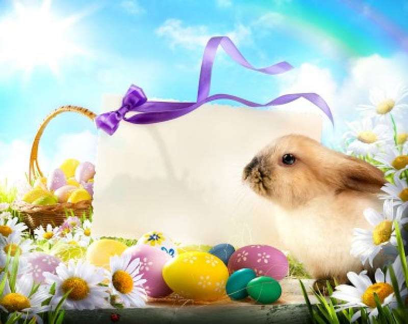 Easter Greetings, rabbit, greeting, spring, card, cute, eggs, flowers, bunny, meadow, HD wallpaper