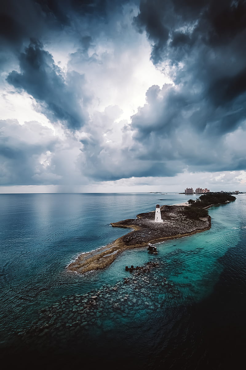 island, lighthouse, sea, clouds, landscape, HD phone wallpaper