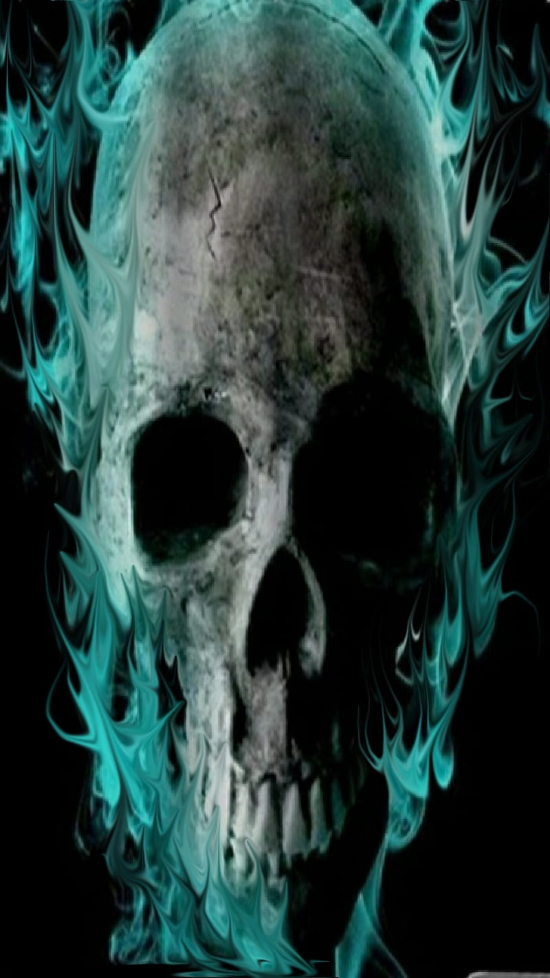 In the Dark, abstract, blue, dead, fire, flames, neon, skull, HD phone wallpaper