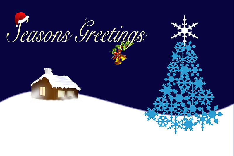 Seasons Greetings, christmas tree, christmas, snowy hill, christmas decorations, log cabin, seasons, greetings, snow, snowflakes, blue sky, santa hat, HD wallpaper