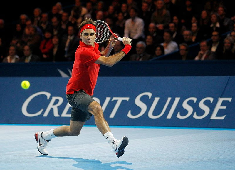 Roger Federer, playing, yellow ball, male, tennis player, raquet, red t-shirt, HD wallpaper