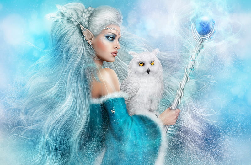 Fantasy Girl, bonito, blue, ice, nice , owl, princess, HD wallpaper