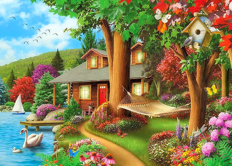 Around the Lake, lakes, cottages, houses, love four seasons, birds, butterflies, attractions in dreams, spring, swans, paintings, summer, flowers, garden, nature, HD wallpaper