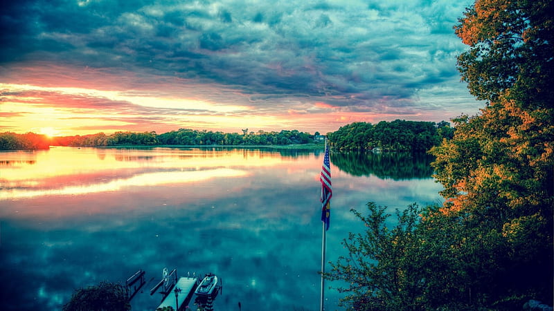 flag pole on a dock in a beautiful lake r, green, r, sunrise, lake, flag, docks, HD wallpaper