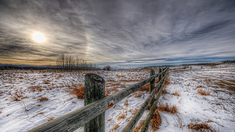 pasture land in winter r, fence, sundown, grass, pastures, r, clouds, winter, HD wallpaper