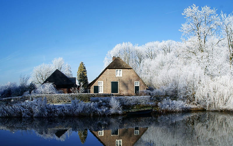 farmhouse along the kromme rijn river-winter snow theme, HD wallpaper