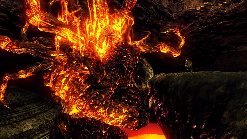 Ceaseless Discharge, giant, flames, pyromancy, lava, video games, dark souls, HD wallpaper
