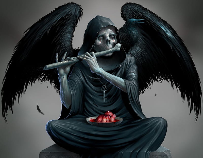 Angel Of Death, death, raven, wings, angel, dark, heart, flute, black, HD wallpaper
