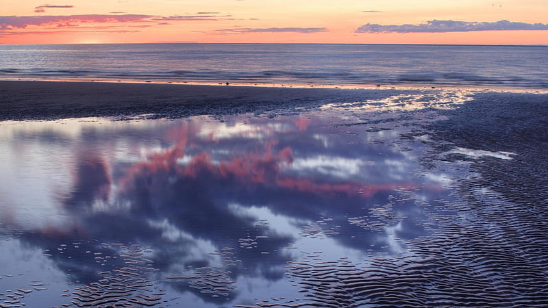 reflection in a tidal pool, beach, sunset, reflection, clouds, pool, sea, HD wallpaper