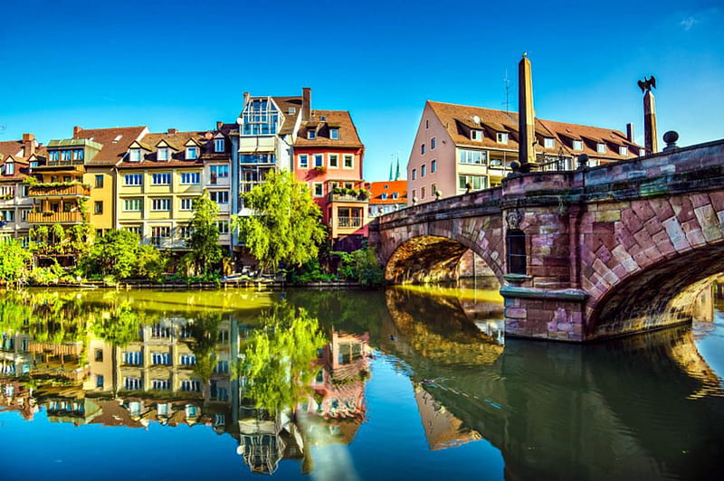 Nuremberg, Germany, bridge, houses, mirror, river, reflection, HD wallpaper