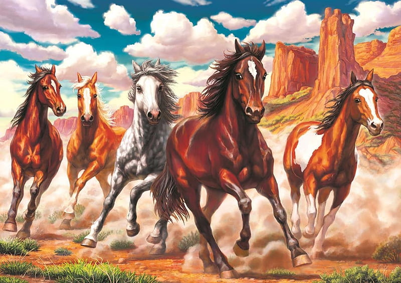 Running Wild in the Valley, canyon, herd, horses, desert, painting, clouds, HD wallpaper