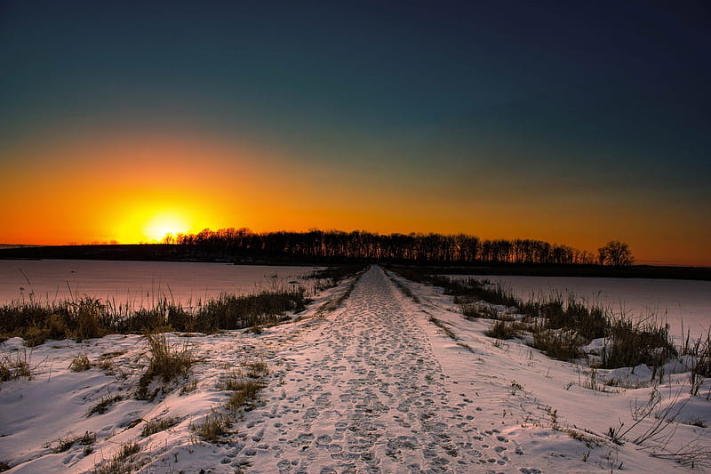 Winter Sunset on Hiking Trail, Nature, Winter, Trails, Sunsets, HD wallpaper