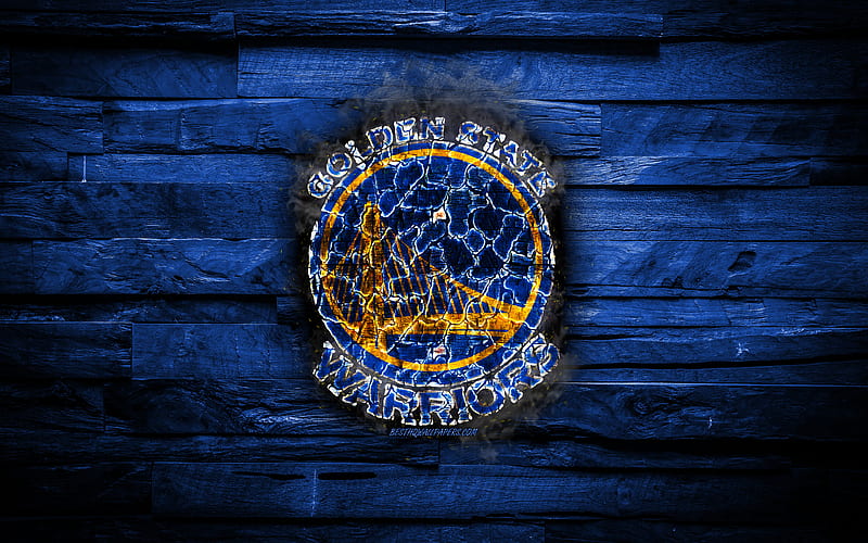 Golden State Warriors scorched logo, NBA, blue wooden background, american basketball team, Western Conference, grunge, basketball, Golden State Warriors logo, fire texture, USA, HD wallpaper