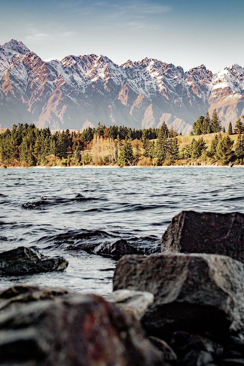 mountains, lake, stones, trees, snowy, HD phone wallpaper
