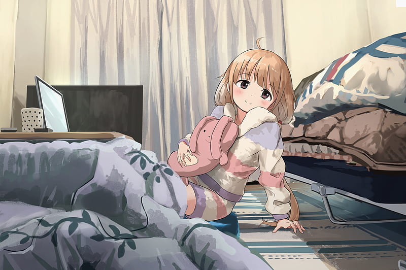 futaba anzu, smiling, kotatsu, the idolmaster cinderella girls, Anime, HD wallpaper