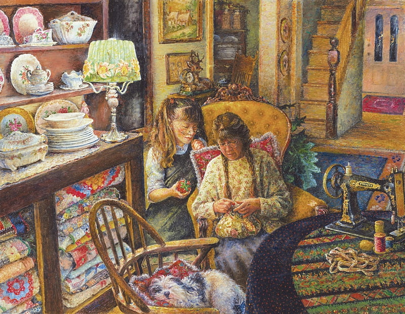 Learning to sew, sew, art, susan brabeau, girl, painting, pictura, woman, HD wallpaper