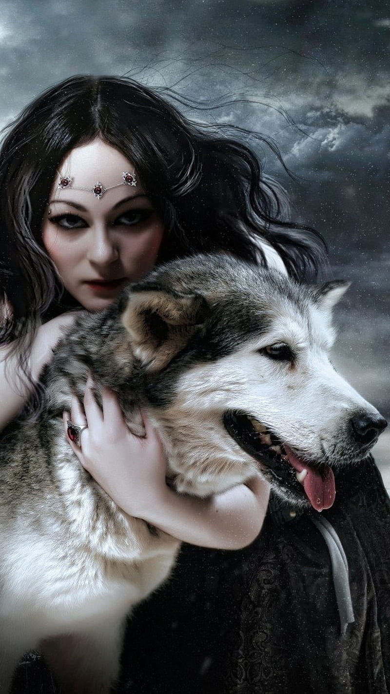 loving wolf, animal, art, fantasy, female, wolf, woman, HD phone wallpaper