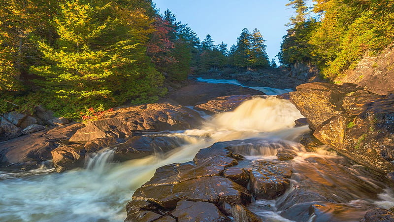 Oxtongue River - Ragged Falls, Ontario, leaves, colors, waterfall, trees, autumn, rocks, canada, stones, fall, HD wallpaper