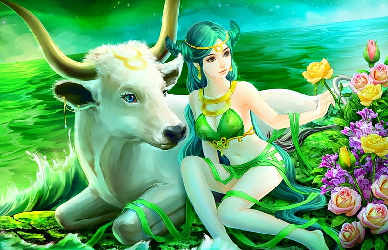 Zodiac ~ Taurus, fantasy, shawli2007, girl, green, shawlichen, taurus, zodiac, HD wallpaper