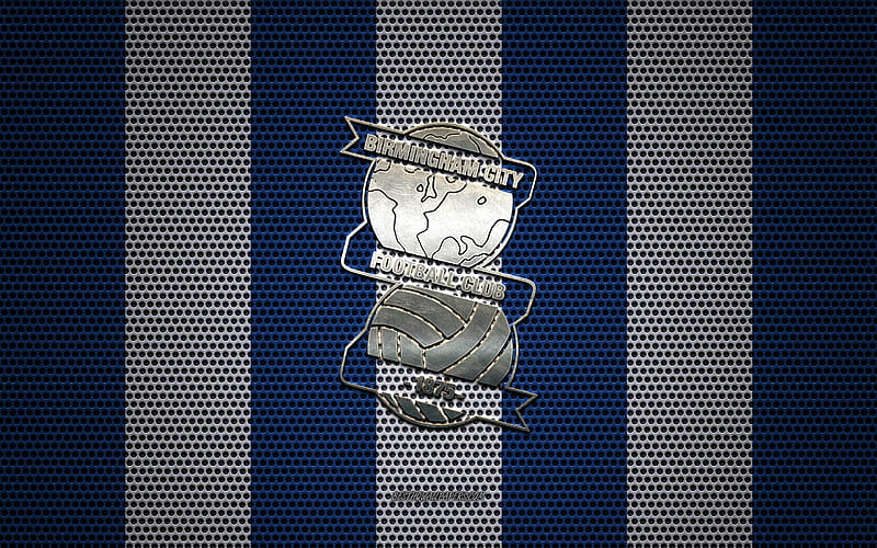 FC Birmingham City logo, English football club, metal emblem, blue and white metal mesh background, FC Birmingham City, EFL Championship, Birmingham, South Yorkshire, England, football, HD wallpaper