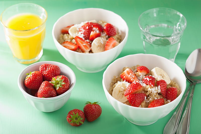 Food, Breakfast, Banana, Juice, Oatmeal, Strawberry, HD wallpaper