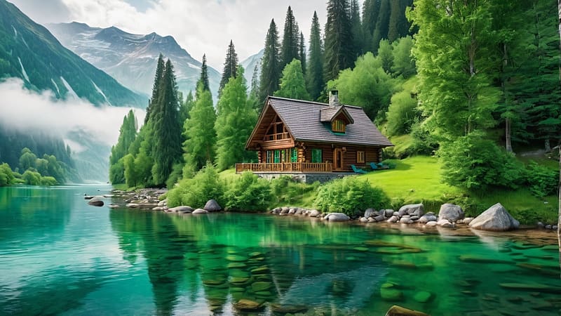 Wooden cabin nestled by a river in the mountains, zold termeszet, fak, fenyok, fa haz, erdo, folyo, hegyek, kovek, novenyzet, HD wallpaper