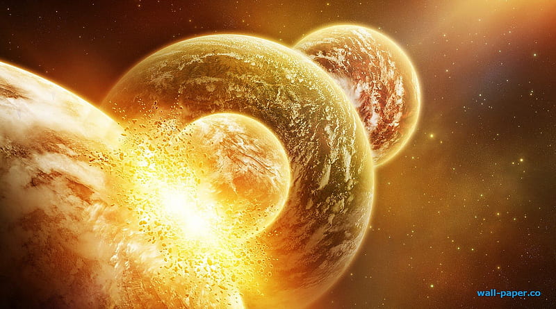 collision planets, yellow, planets, space, star, HD wallpaper