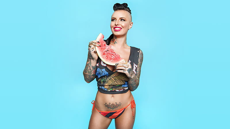 Christy Mack, brunette, blue background, models, tattoos, watermelon, HD wallpaper