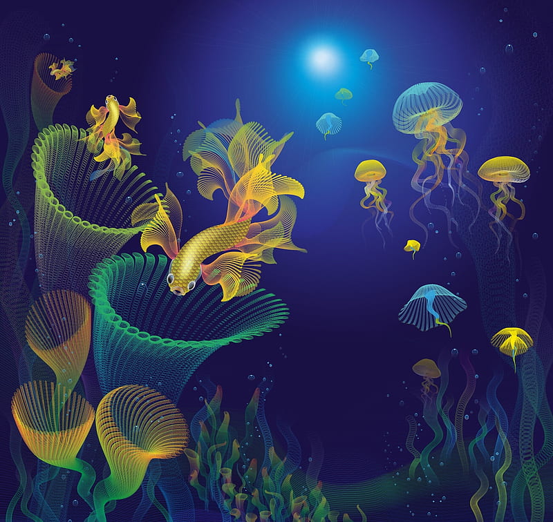 Fish and jellyfish, summer, jellyfish, underwater, fish, luminos, yellow,  coral, HD wallpaper | Peakpx