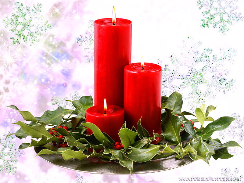 Christmas flames, mistletoe, red, green, christmas, decorations, candles, HD wallpaper
