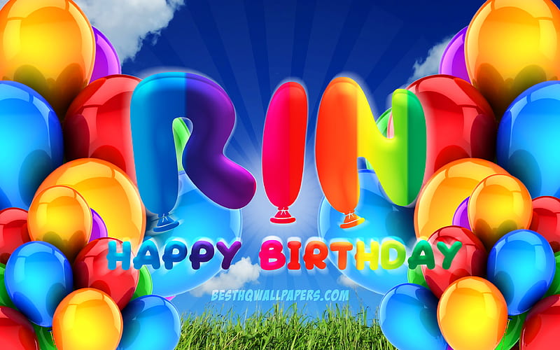 Rin Happy Birtay cloudy sky background, female names, Birtay Party, colorful ballons, Rin name, Happy Birtay Rin, Birtay concept, Rin Birtay, Rin, HD wallpaper