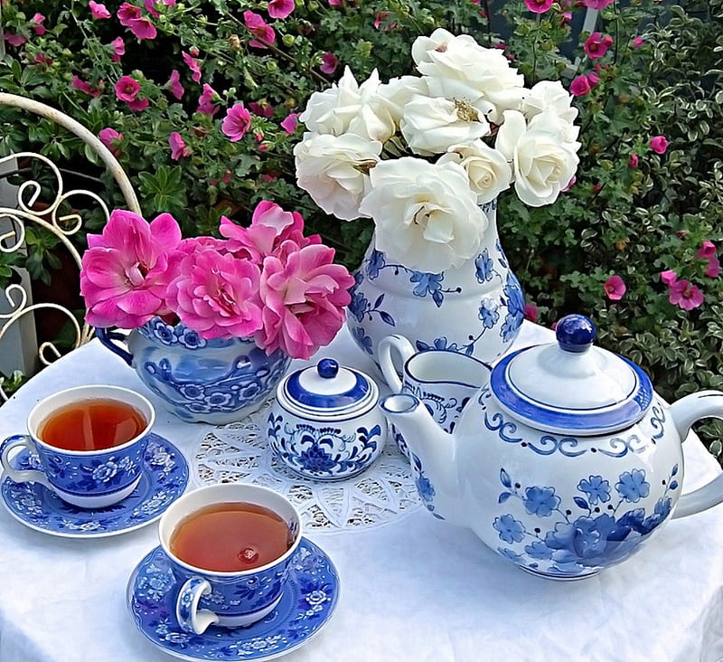 It's teatime !, for two, tea, floral, teapot flowers, pink, cups, porcelain, blue, roses, teatime, vases, summer, garden, nature, white, HD wallpaper